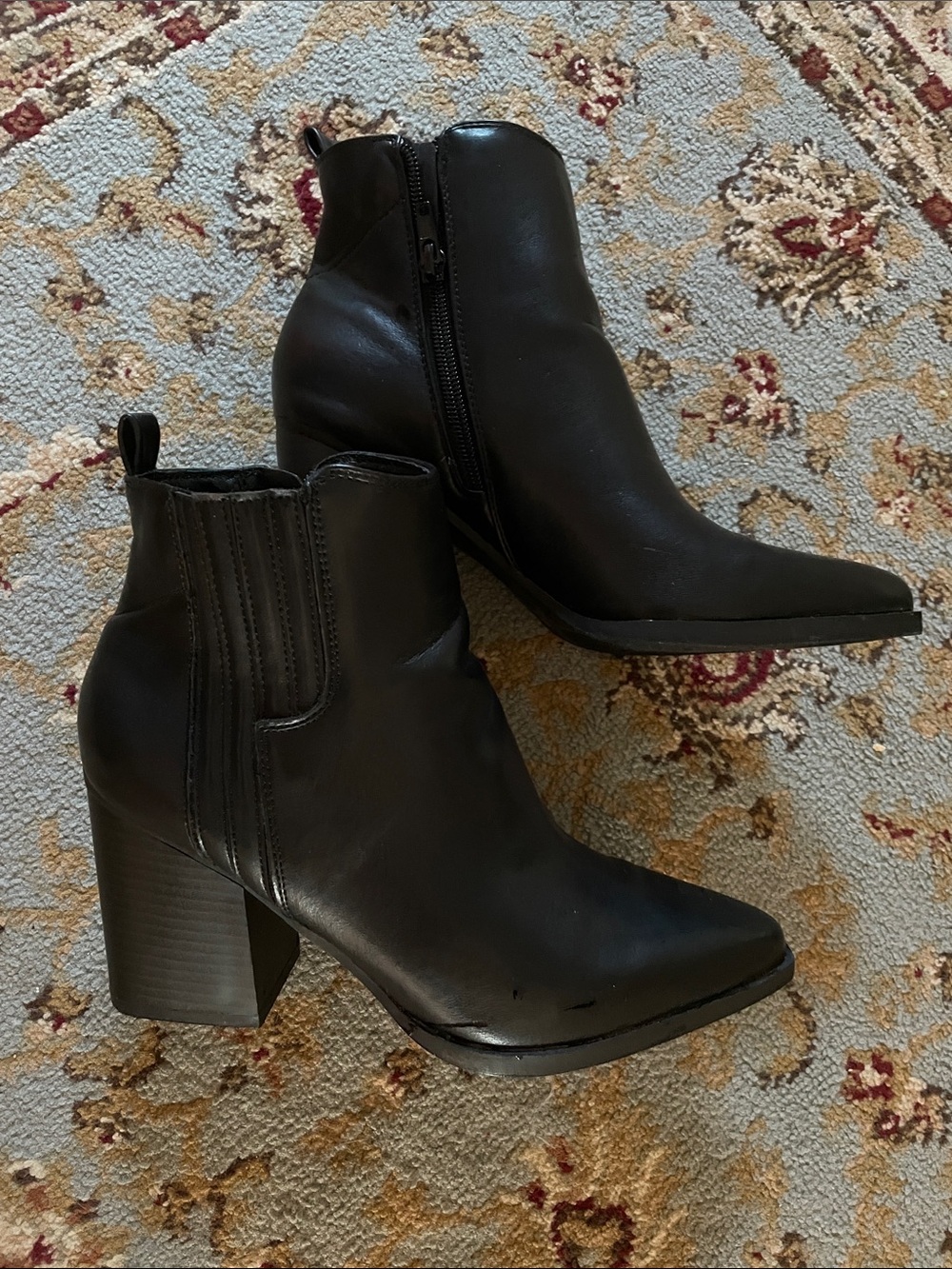 Indigo Black Pointed Toe Block Heel Ankle Boots